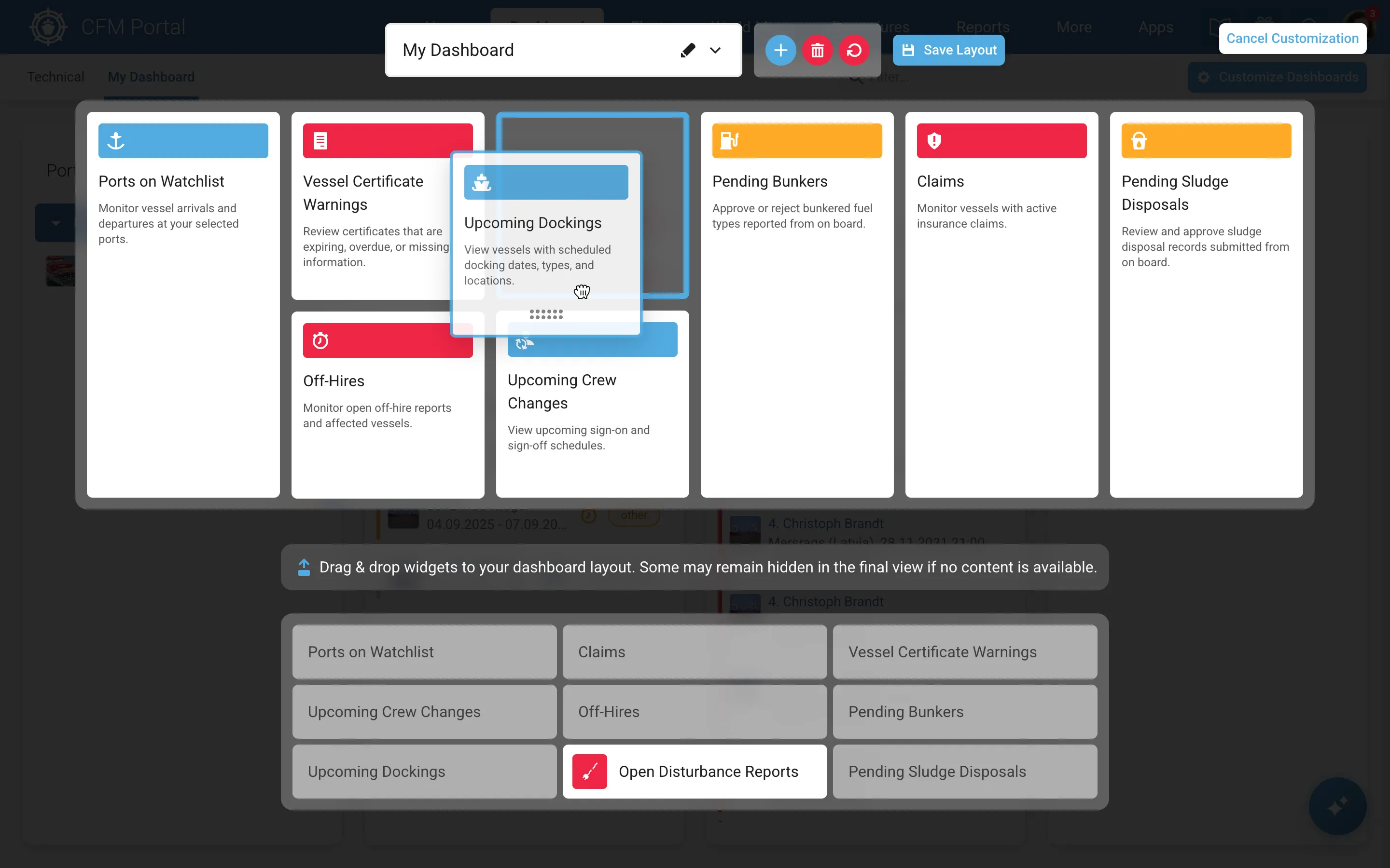 Screenshot of CFM Portal dashboard customisation