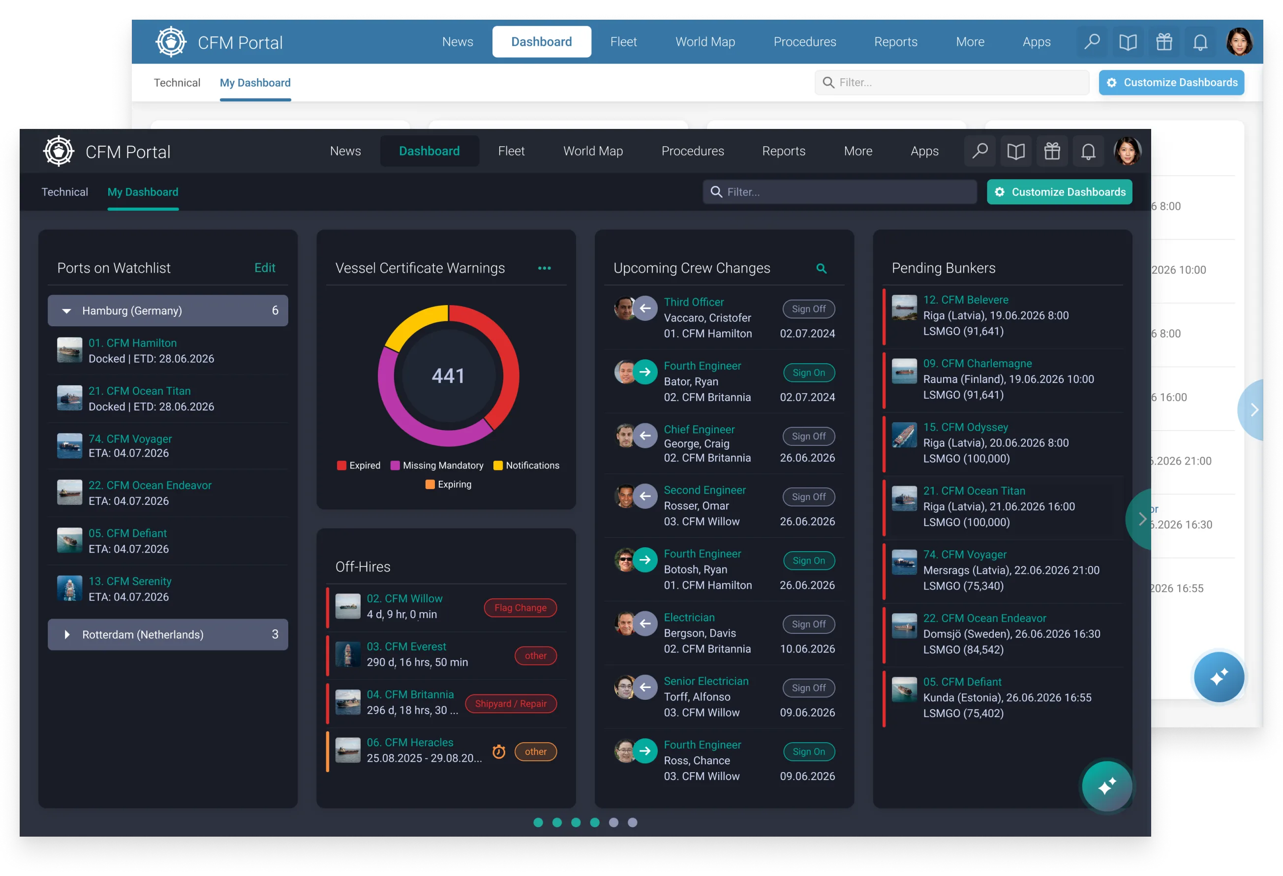 Screenshot of a light and dark CFM Portal theme